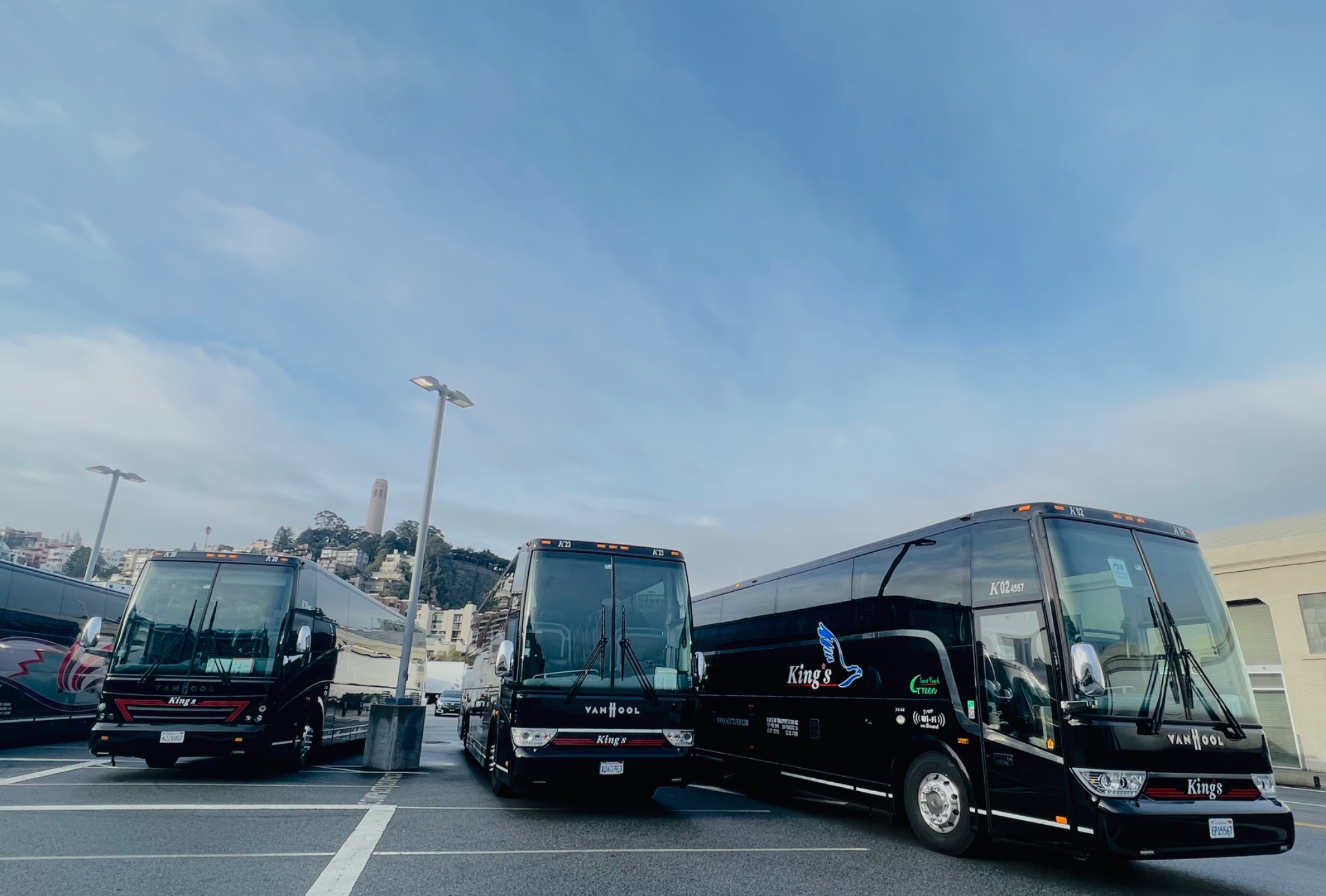 Three black motorcoaches prepared for large group transportation